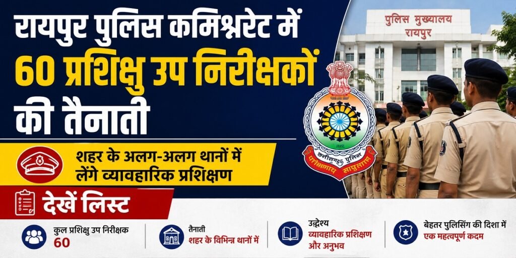 रायपुर पुलिस कमिश्नरेट में 60 प्रशिक्षु SI की पोस्टिंग, शहर के अलग-अलग थानों में शुरू होगा प्रैक्टिकल ट्रेनिंग; देखें पूरी लिस्ट Untitled 31