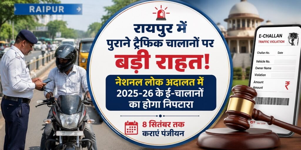रायपुर में पुराने ट्रैफिक चालानों पर बड़ी राहत! नेशनल लोक अदालत में 2025-26 के ई-चालानों का होगा निपटारा, 8 सितंबर तक कराएं पंजीयन Untitled 404