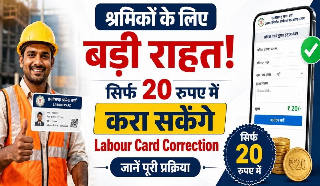 CG News: श्रमिकों के लिए बड़ी राहत! सिर्फ 20 रुपए में करा सकेंगे Labour Card Correction, जानें पूरी प्रक्रिया Untitled 66