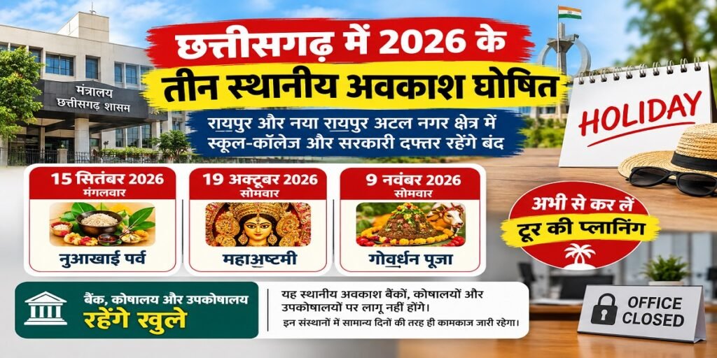 CG Holiday 2026: छत्तीसगढ़ में 3 छुट्टियों का ऐलान, स्कूल-कॉलेज और सरकारी दफ्तर रहेंगे बंद Untitled 126