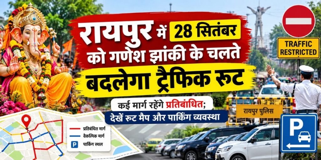रायपुर में 28 सितंबर को गणेश झांकी के चलते बदलेगा ट्रैफिक रूट, कई मार्ग रहेंगे प्रतिबंधित; देखें रूट मैप और पार्किंग व्यवस्था Untitled 345