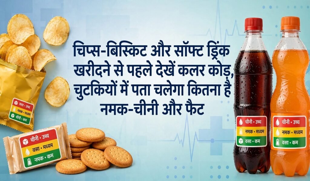 चिप्स-बिस्किट और सॉफ्ट ड्रिंक खरीदने से पहले देखें कलर कोड, चुटकियों में पता चलेगा कितना है नमक-चीनी और फैट Untitled 373
