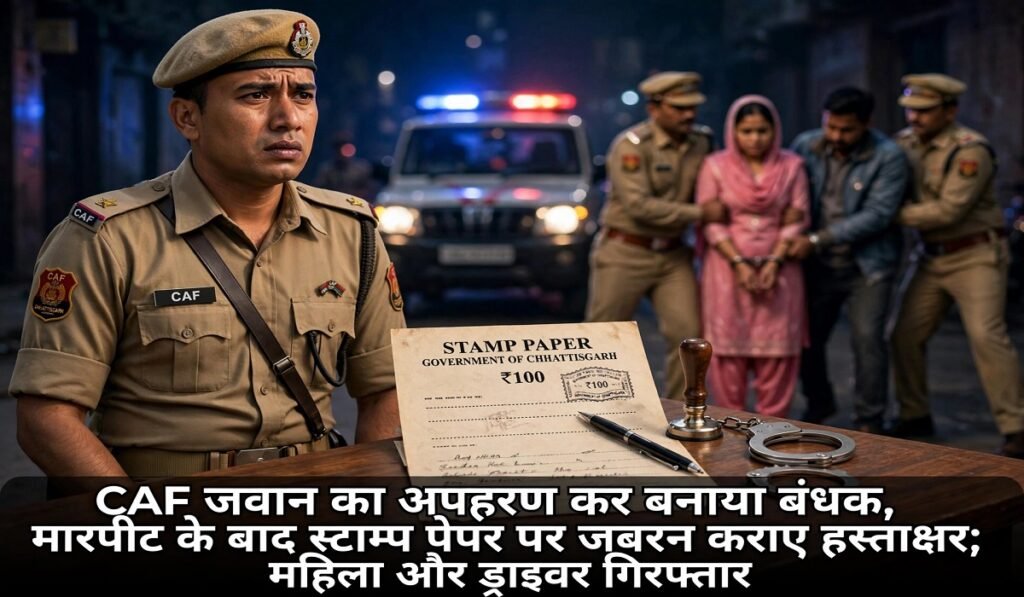 CG Crime: CAF जवान का अपहरण कर बनाया बंधक, मारपीट के बाद स्टाम्प पेपर पर जबरन कराए हस्ताक्षर; महिला और ड्राइवर गिरफ्तार Untitled 217