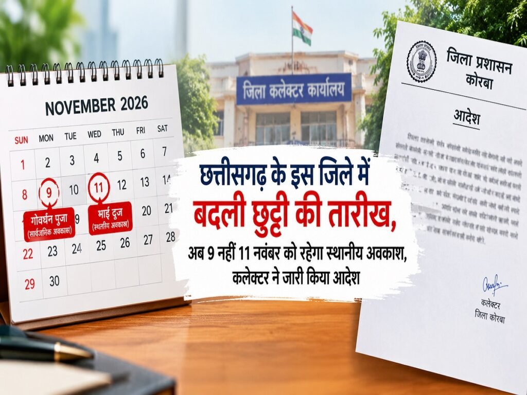 CG Holiday 2026: छत्तीसगढ़ के इस जिले में बदली छुट्टी की तारीख, अब 9 नहीं 11 नवंबर को रहेगा स्थानीय अवकाश, कलेक्टर ने जारी किया आदेश Untitled 464